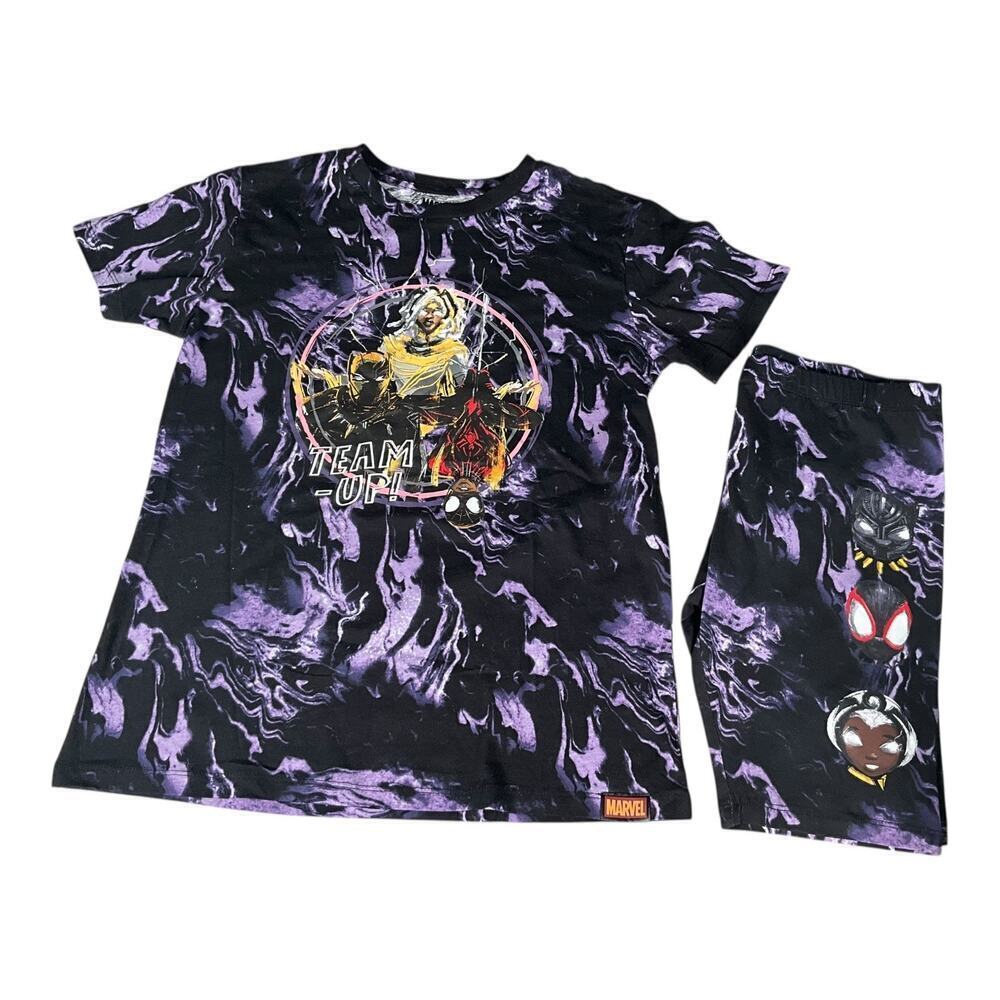 Marvel Logo Kids T-Shirt and Shorts Set Teams Up Size XL 14 Black Purple Yellow
